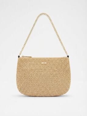 ALDO Straw Woven Gold Chain Shoulder Bag Womens Beige Summer Resort Chic